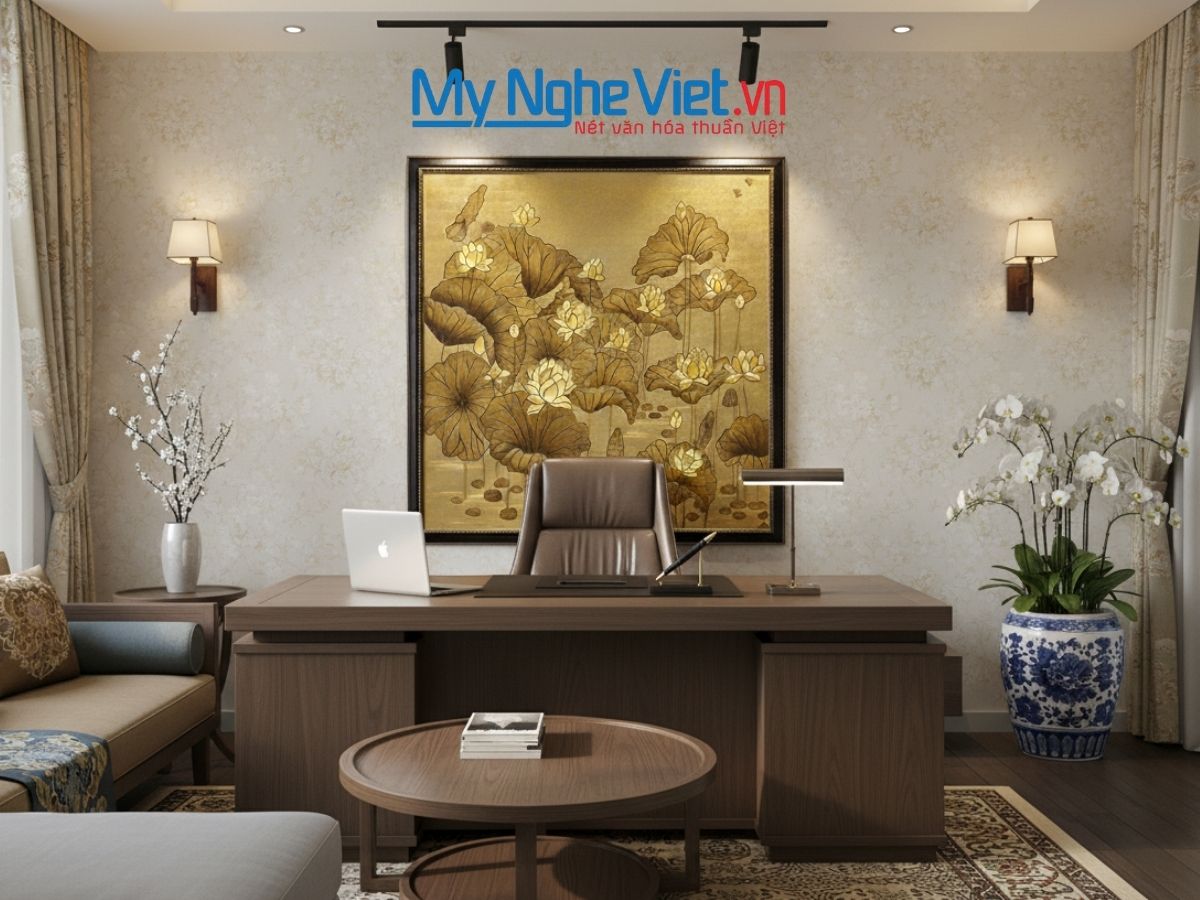 Tranh sen đắp nổi dát vàng 154x154cm, họa tiết vàng sang trọng TSMTB1515-1