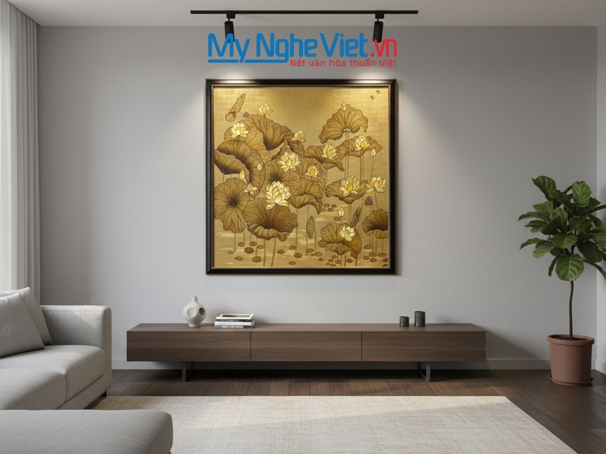 Tranh sen đắp nổi dát vàng 154x154cm, họa tiết vàng sang trọng TSMTB1515-1