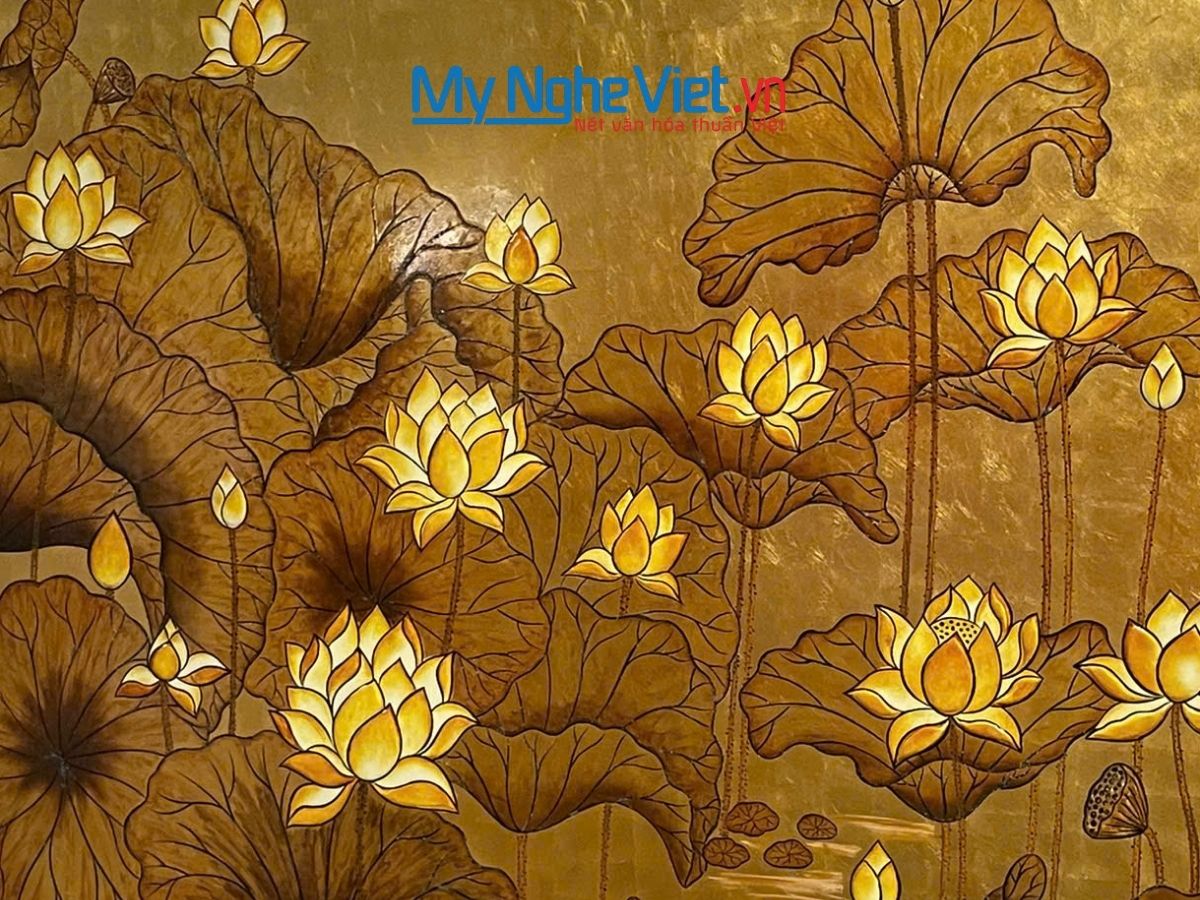 Tranh sen đắp nổi dát vàng 154x154cm, họa tiết vàng sang trọng TSMTB1515-1