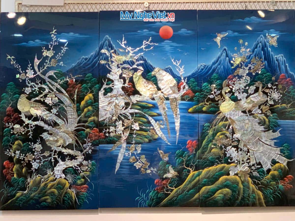 Tranh bộ công gà chim két nền xanh TSM486-1