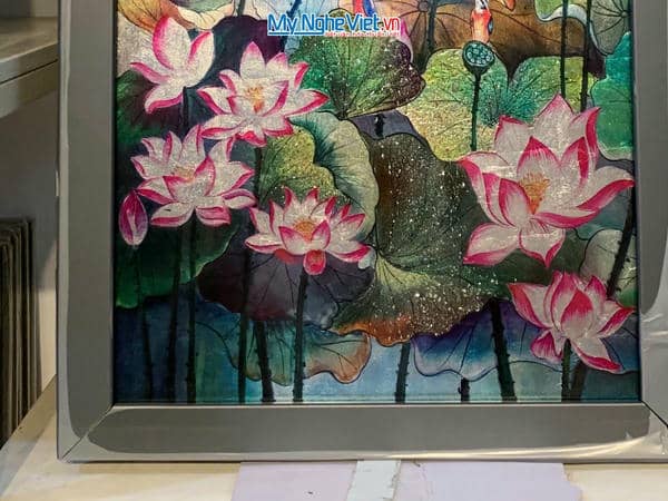 Tranh sơn mài hoa sen cao cấp 35x35 MNV-TSM3535/7