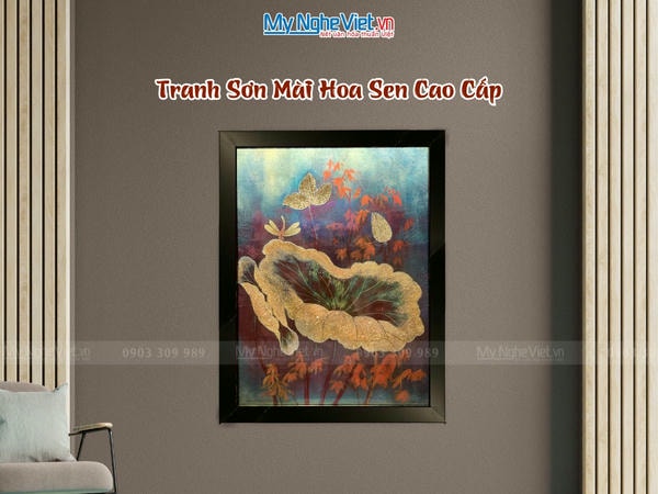 Tranh sơn mài vẽ hoa sen 30x40 có khung 35x45 TSM3545-1.17