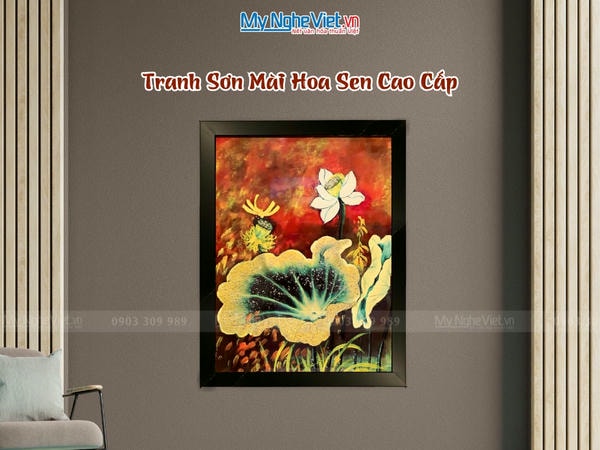 Tranh sơn mài vẽ hoa sen 30x40 có khung 35x45 TSM3545-1.15
