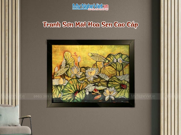 Tranh sơn mài vẽ sen giả cổ 30x40 có khung 35x45