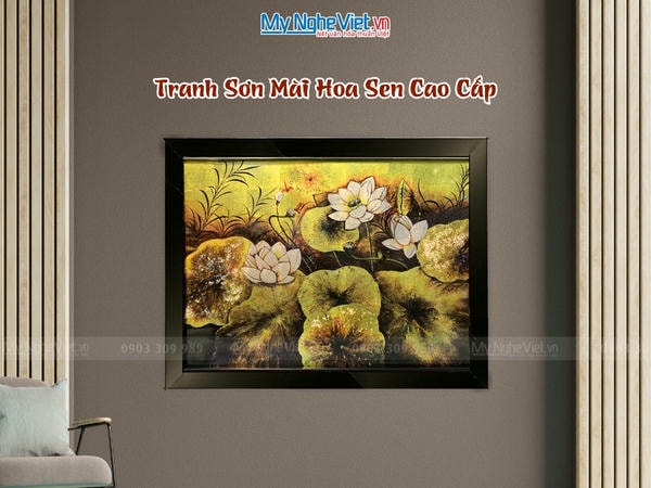 Tranh sơn mài vẽ sen giả cổ 30x40 có khung 35x45