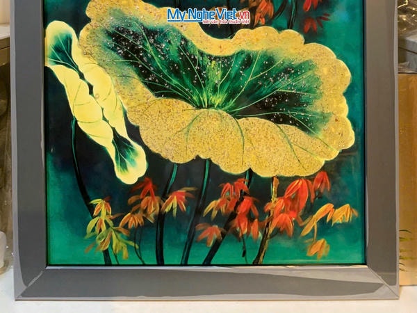 Tranh sơn mài vẽ hoa sen 30x40 có khung 35x45 TSM3545-1.11