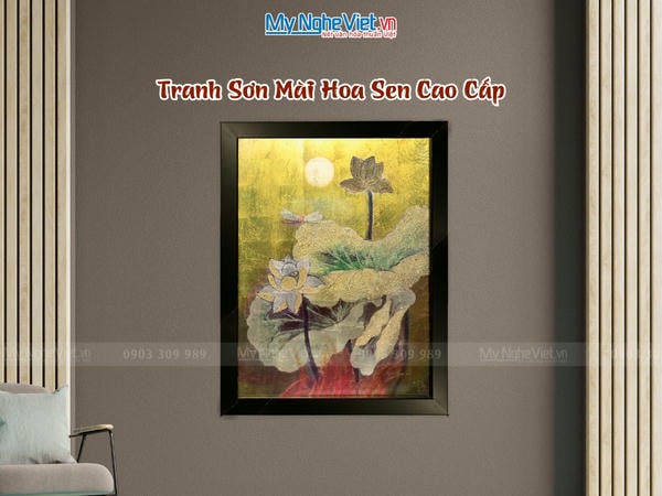 Tranh sơn mài vẽ hoa sen 30x40 có khung 35x45 TSM3545-1.12