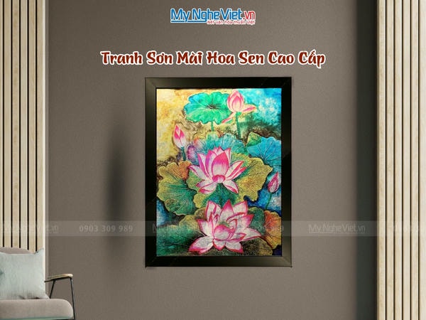 Tranh sơn mài vẽ hoa sen 30x40 có khung 35x45 TSM3545-1.14