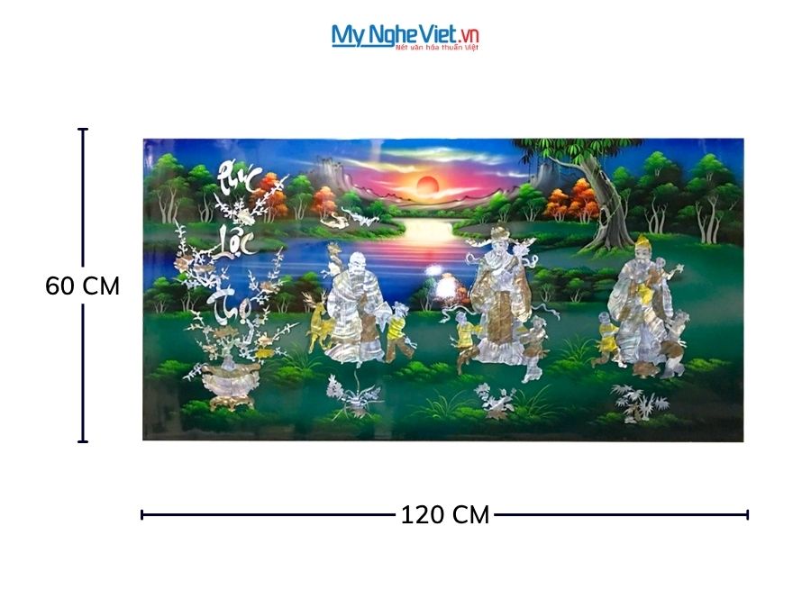 Tranh Sơn Mài Phúc Lộc Thọ Cẩn Ốc Nền Xanh 60x120cm TSM6127