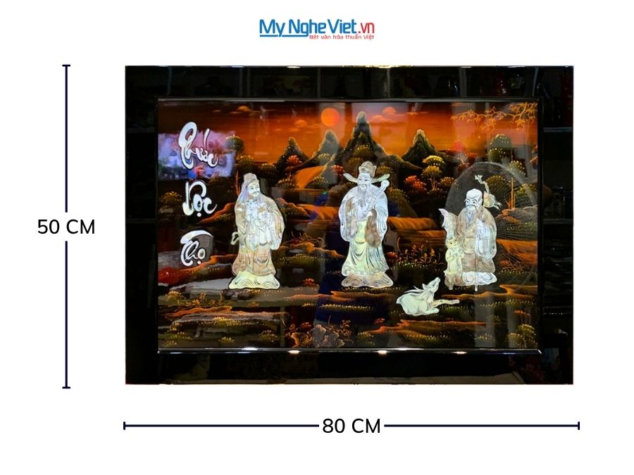 Tranh Sơn Mài Phúc Lộc Thọ Cẩn Ốc Nổi Nền Ấm 50x80cm TSM697-1