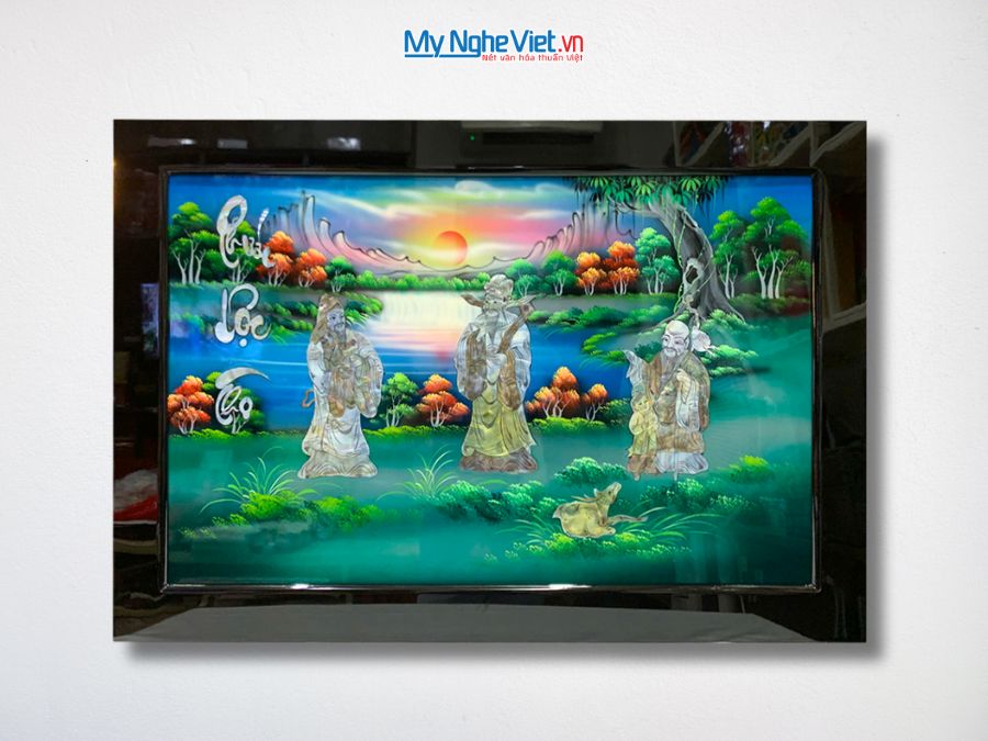 Tranh Sơn Mài Phúc Lộc Thọ Cẩn Ốc Nổi Nền Xanh 50x80cm TSM697