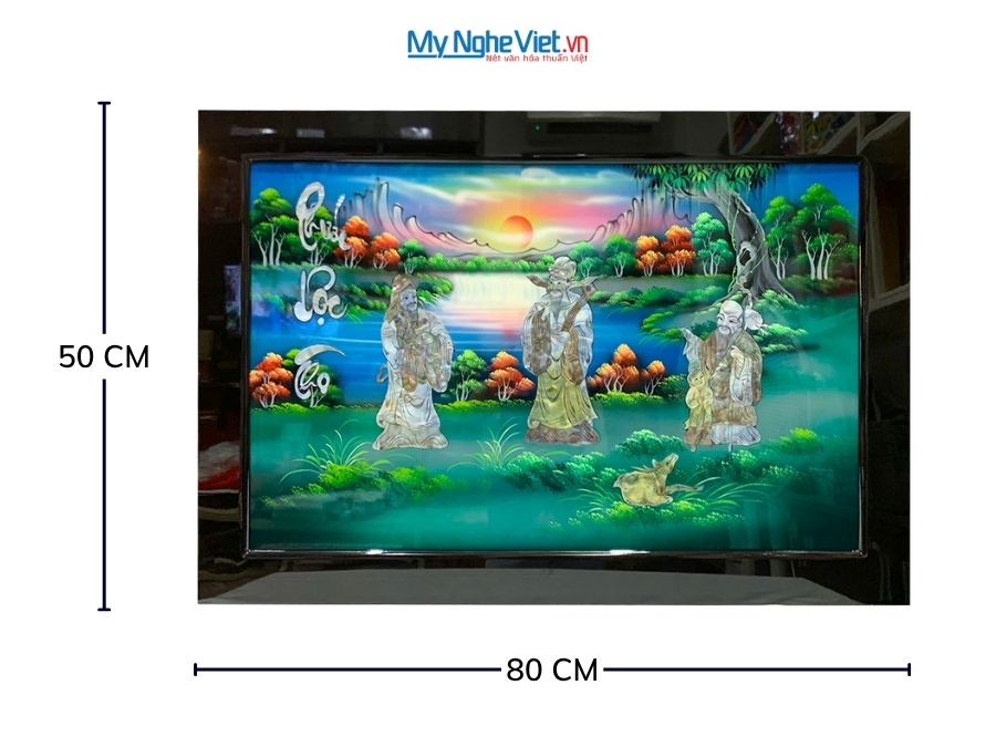 Tranh Sơn Mài Phúc Lộc Thọ Cẩn Ốc Nổi Nền Xanh 50x80cm TSM697