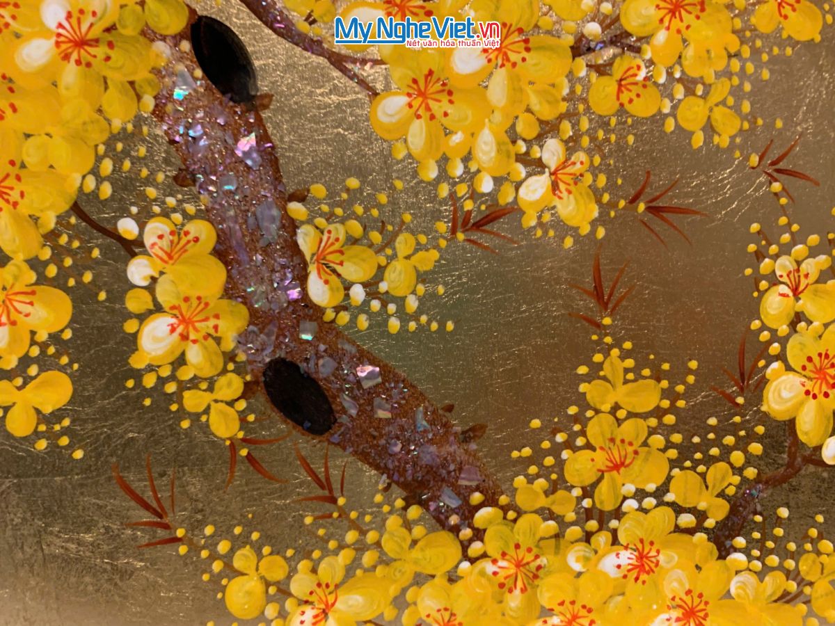 Tranh sơn mài hoa mai hoa đào nhiều màu 20x30 TSM234