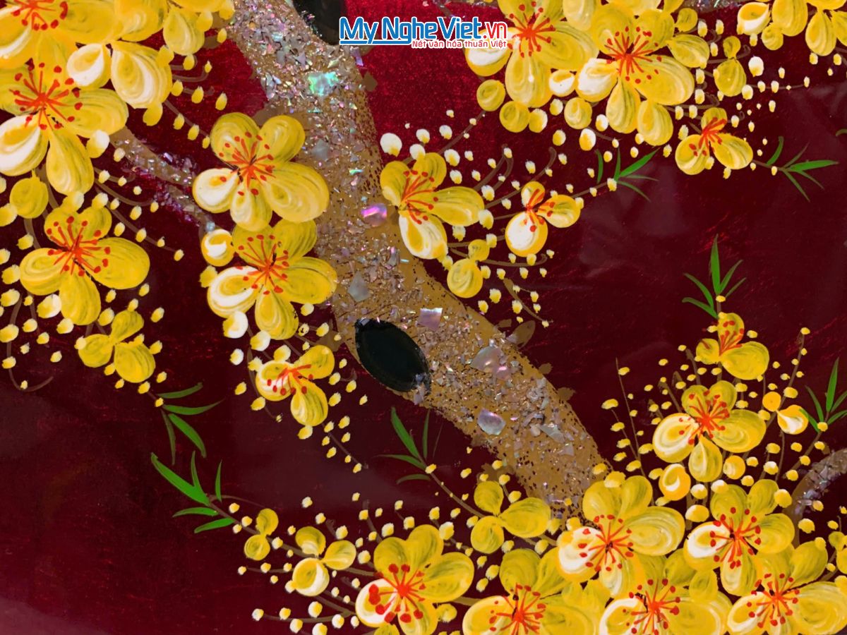 Tranh sơn mài hoa mai hoa đào nhiều màu 20x30 TSM234