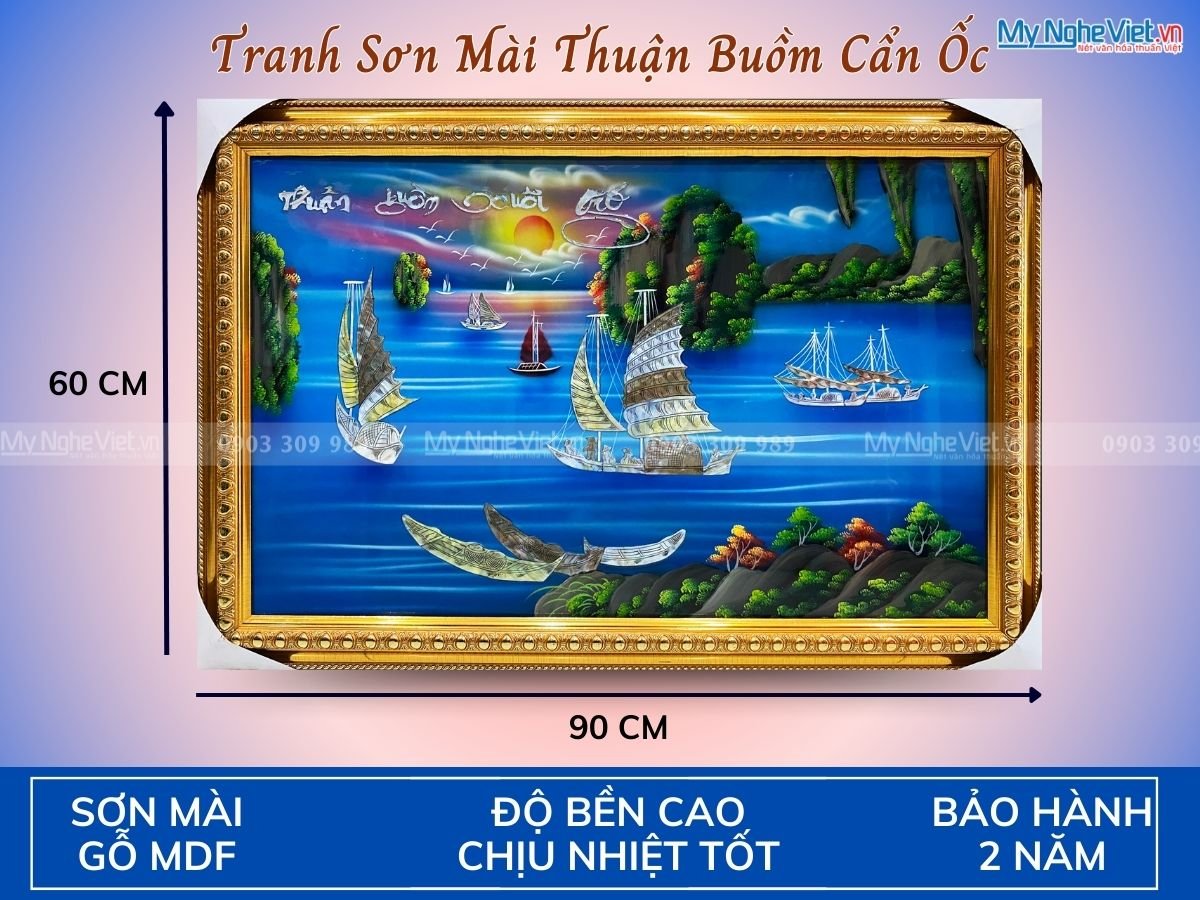 Tranh Sơn mài Thuận Buồm Cẩn Xanh 60x90 TSM699N