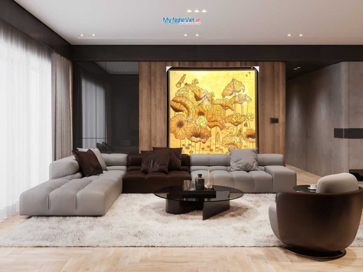 Tranh sen đắp nổi dát vàng 154x154cm TSMTB1515-1