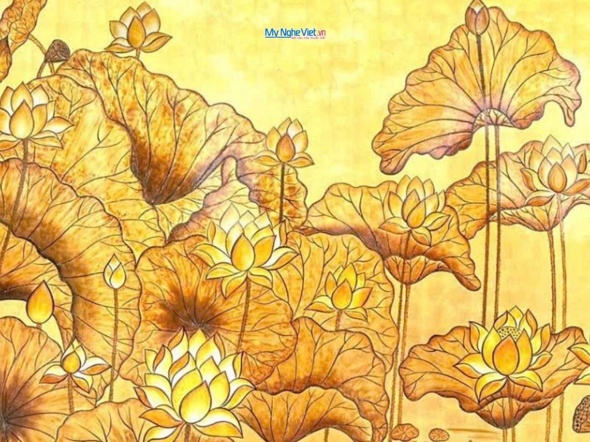 Tranh sen đắp nổi dát vàng 154x154cm TSMTB1515-1
