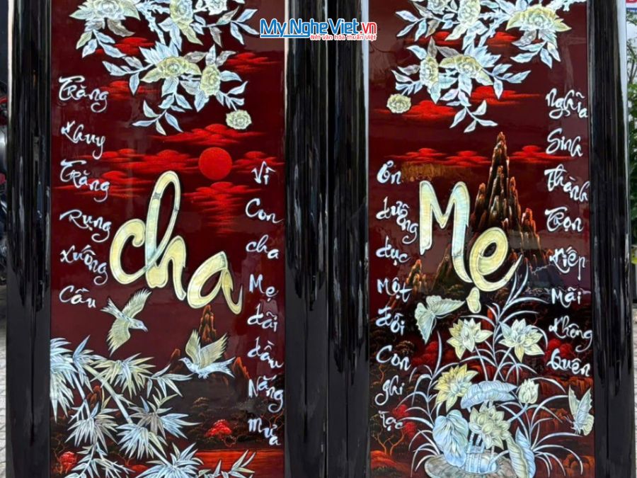 Bộ Tranh Sơn Mài Chữ Cha Mẹ Cẩn Ốc Nền Ấm 108x96cm MNV-TSMTBL34CC-5