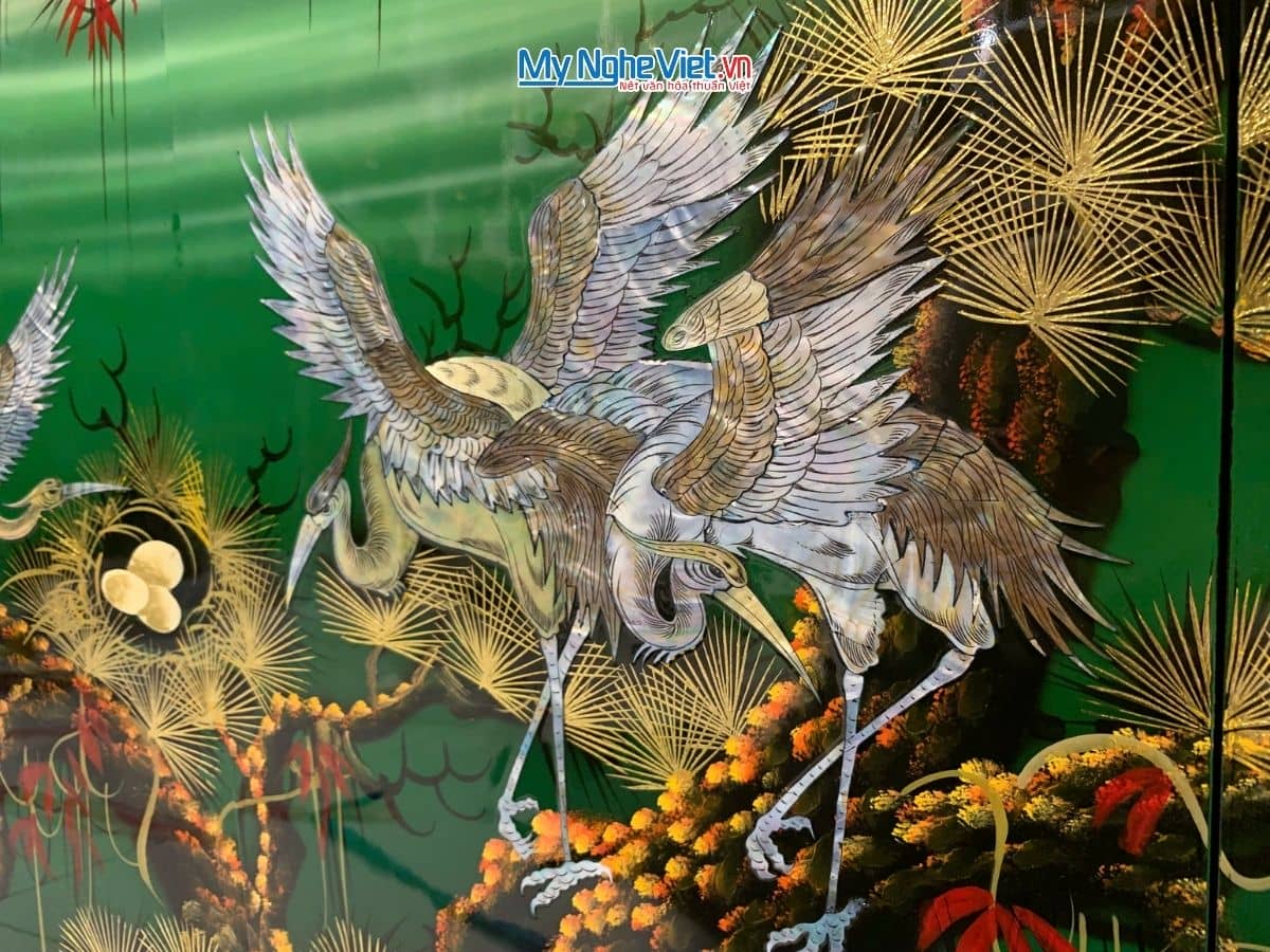 Bộ tranh sơn mài cẩn ốc tùng cò lá xanh TSM4080TC-1