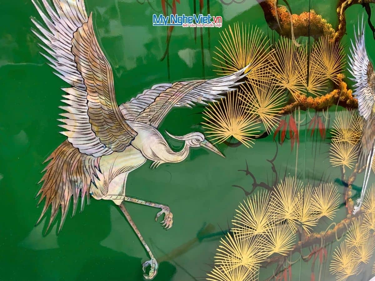 Bộ tranh sơn mài cẩn ốc tùng cò lá xanh TSM4080TC-1