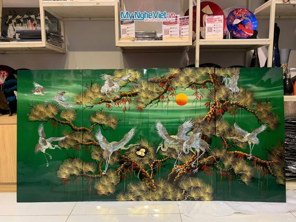 Bộ tranh sơn mài cẩn ốc tùng cò lá xanh TSM4080TC-1