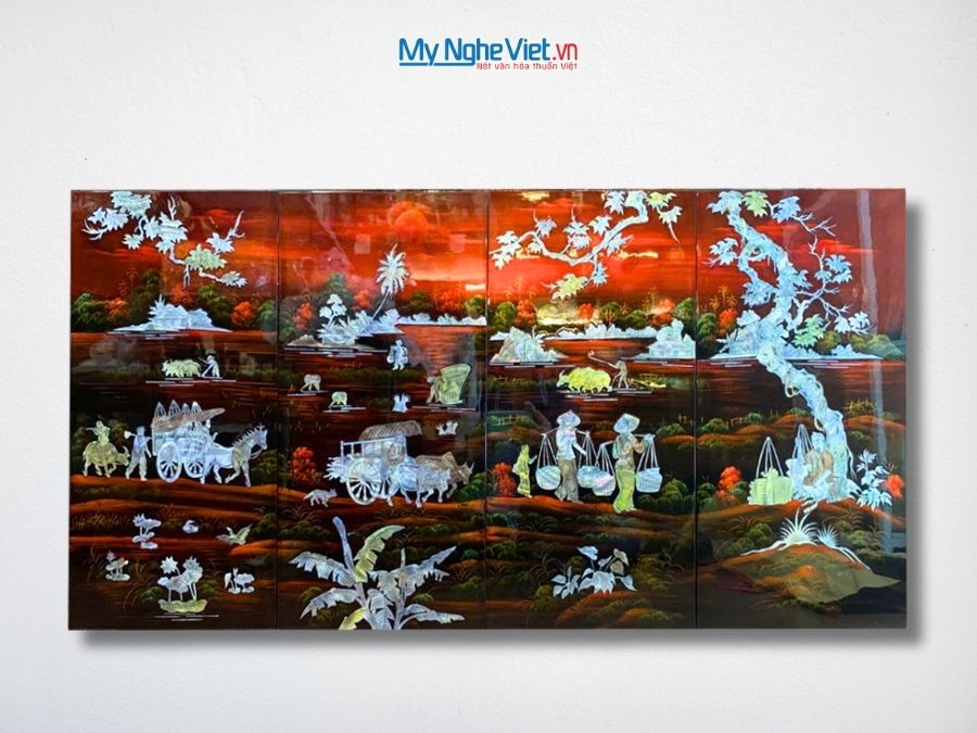 Bộ Tranh Sơn Mài Đồng Quê Cẩn Nổi Nền Ấm 30x60 TSM363-2