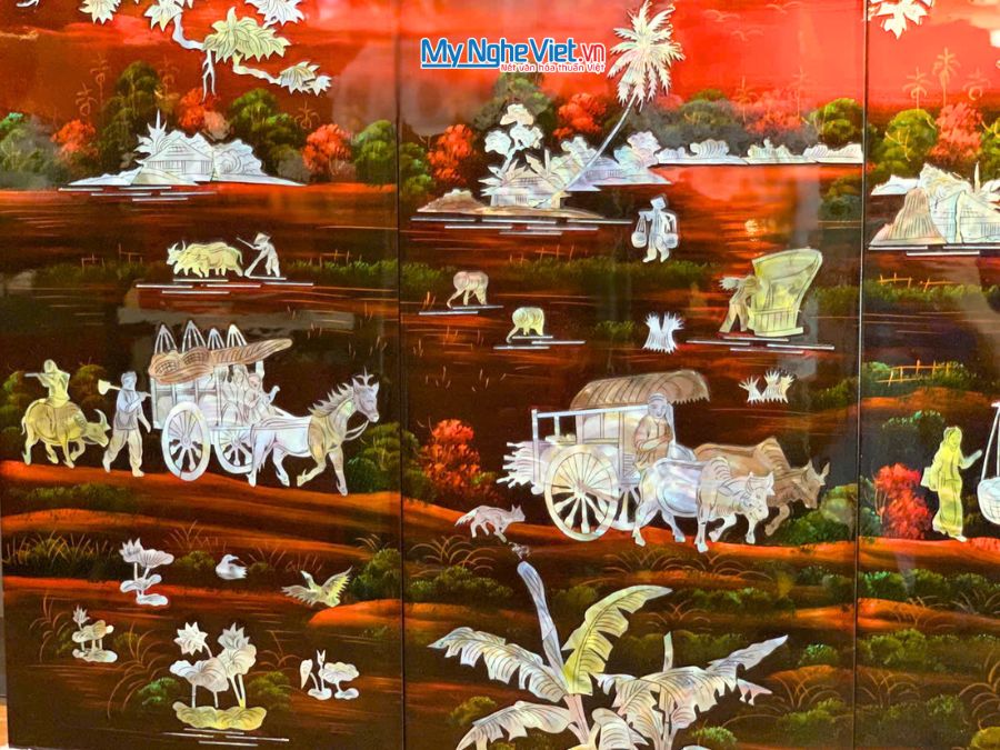 Bộ Tranh Sơn Mài Đồng Quê Cẩn Nổi Nền Ấm 30x60 TSM363-2