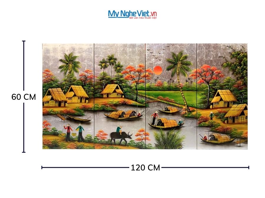 Bộ Tranh Sơn Mài Đồng Quê Dát Bạc Cẩn Ốc Cao Cấp 30x60 TSM363-4.3