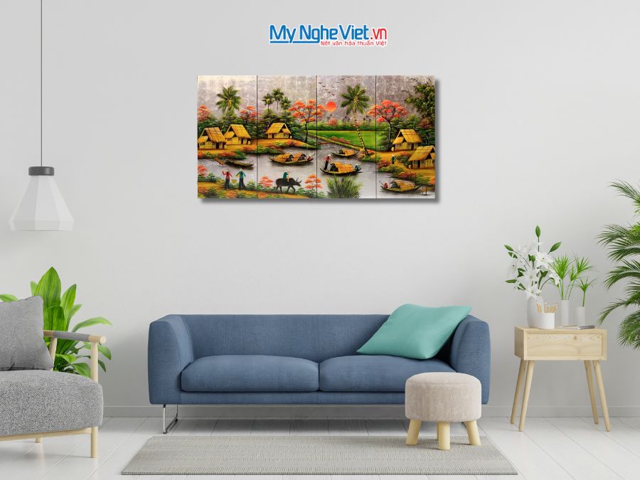 Bộ Tranh Sơn Mài Đồng Quê Dát Bạc Cẩn Ốc Cao Cấp 30x60 TSM363-4.3