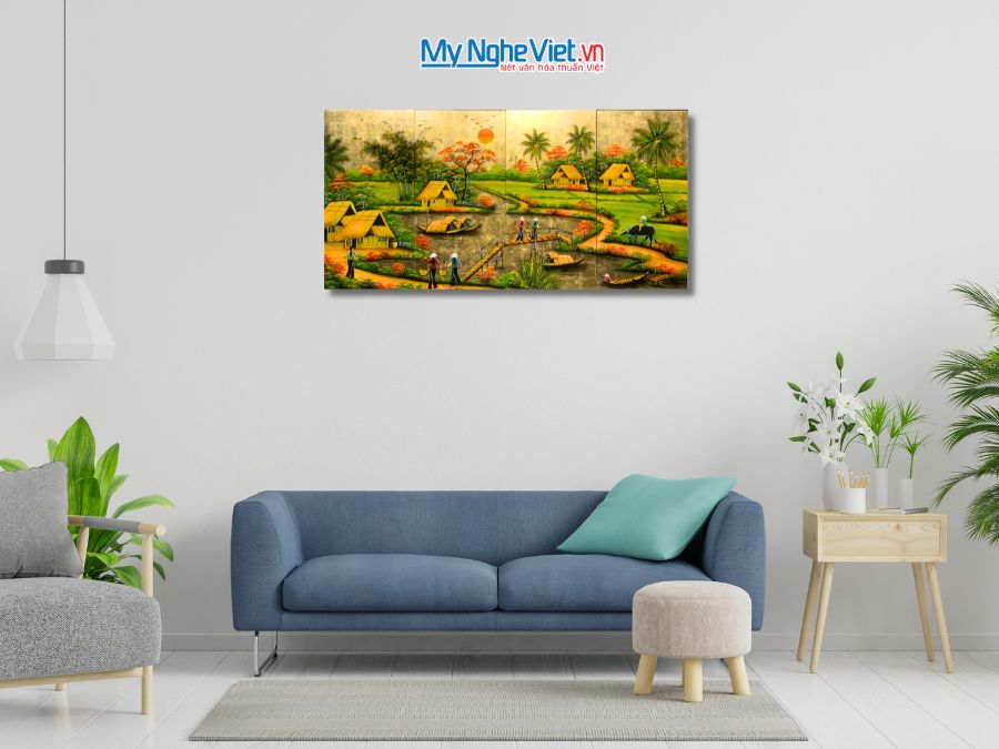 Bộ Tranh Sơn Mài Đồng Quê Dát Vàng 30x60 MNV-TSM363-3