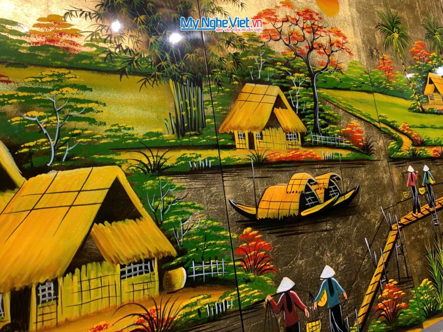 Bộ Tranh Sơn Mài Đồng Quê Dát Vàng 30x60 MNV-TSM363-3