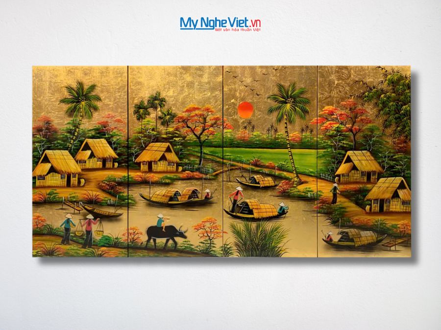 Bộ Tranh Sơn Mài Đồng Quê Dát Vàng Cẩn Ốc Cao Cấp 30x60 TSM363-4.1