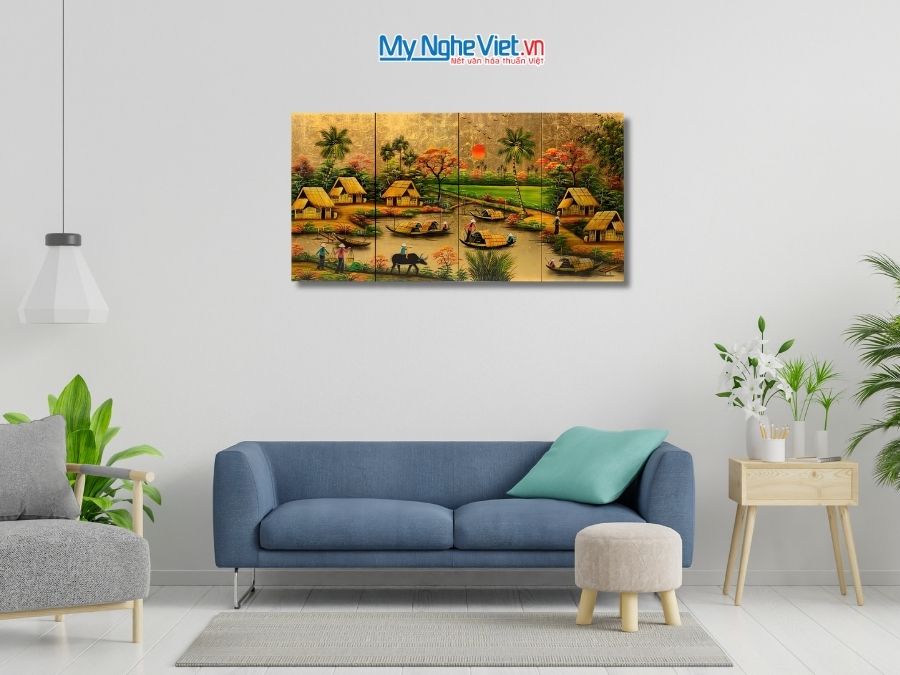 Bộ Tranh Sơn Mài Đồng Quê Dát Vàng Cẩn Ốc Cao Cấp 30x60 TSM363-4.1