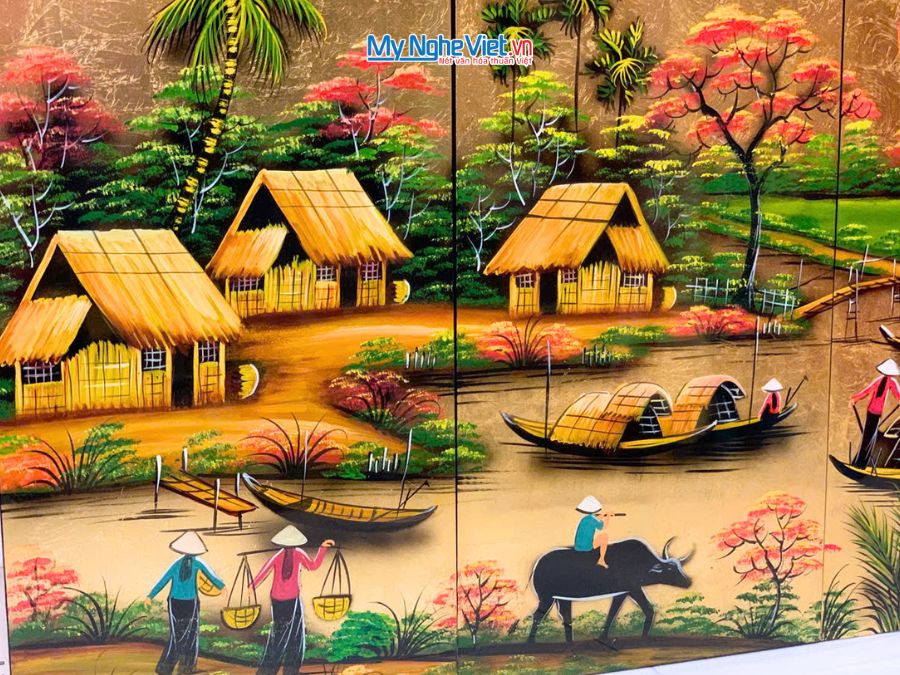 Bộ Tranh Sơn Mài Đồng Quê Dát Vàng Cẩn Ốc Cao Cấp 30x60 TSM363-4.1
