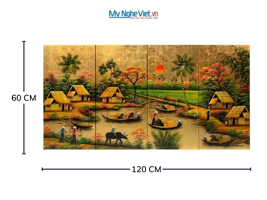 Bộ Tranh Sơn Mài Đồng Quê Dát Vàng Cẩn Ốc Cao Cấp 30x60 TSM363-4.1