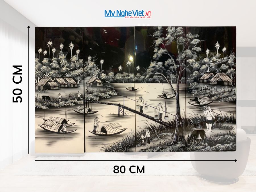 Bộ Tranh Sơn Mài Đồng Quê Khói Đen Trắng 20x50 SMA253