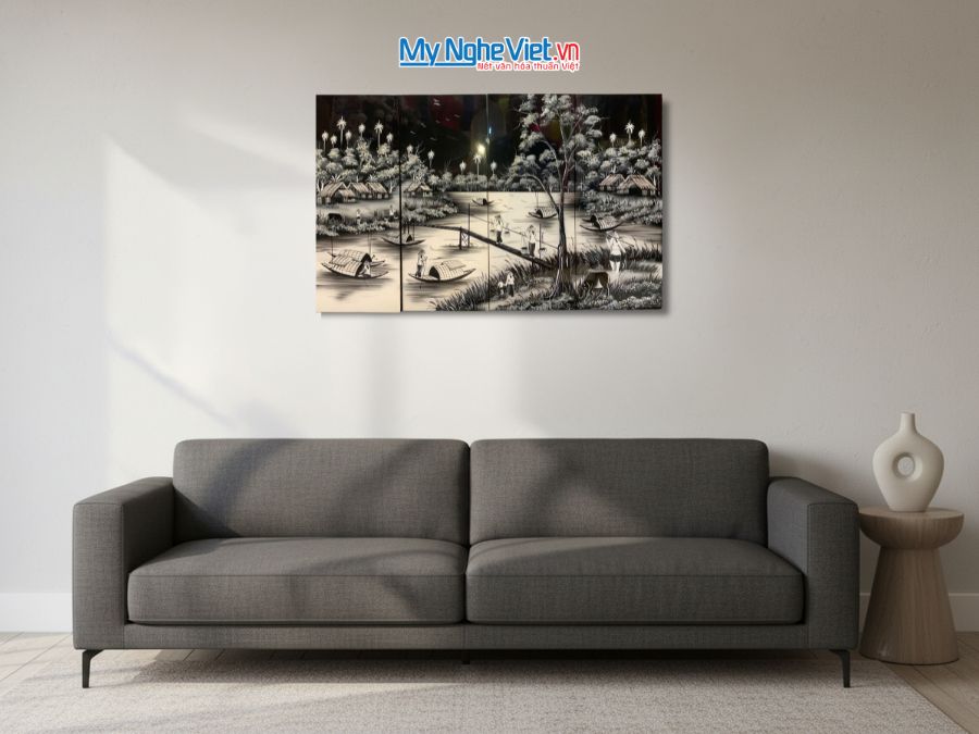 Bộ Tranh Sơn Mài Đồng Quê Khói Đen Trắng 20x50 SMA253