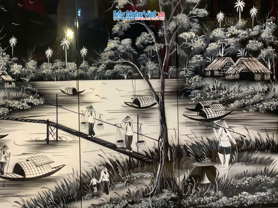 Bộ Tranh Sơn Mài Đồng Quê Khói Đen Trắng 20x50 SMA253