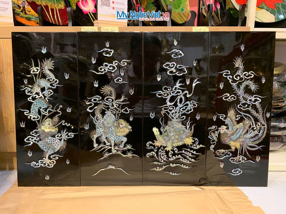 Bộ Tranh Sơn Mài Long Lân Quy Phụng Cẩn Chìm Nền Đen TSM2050-2