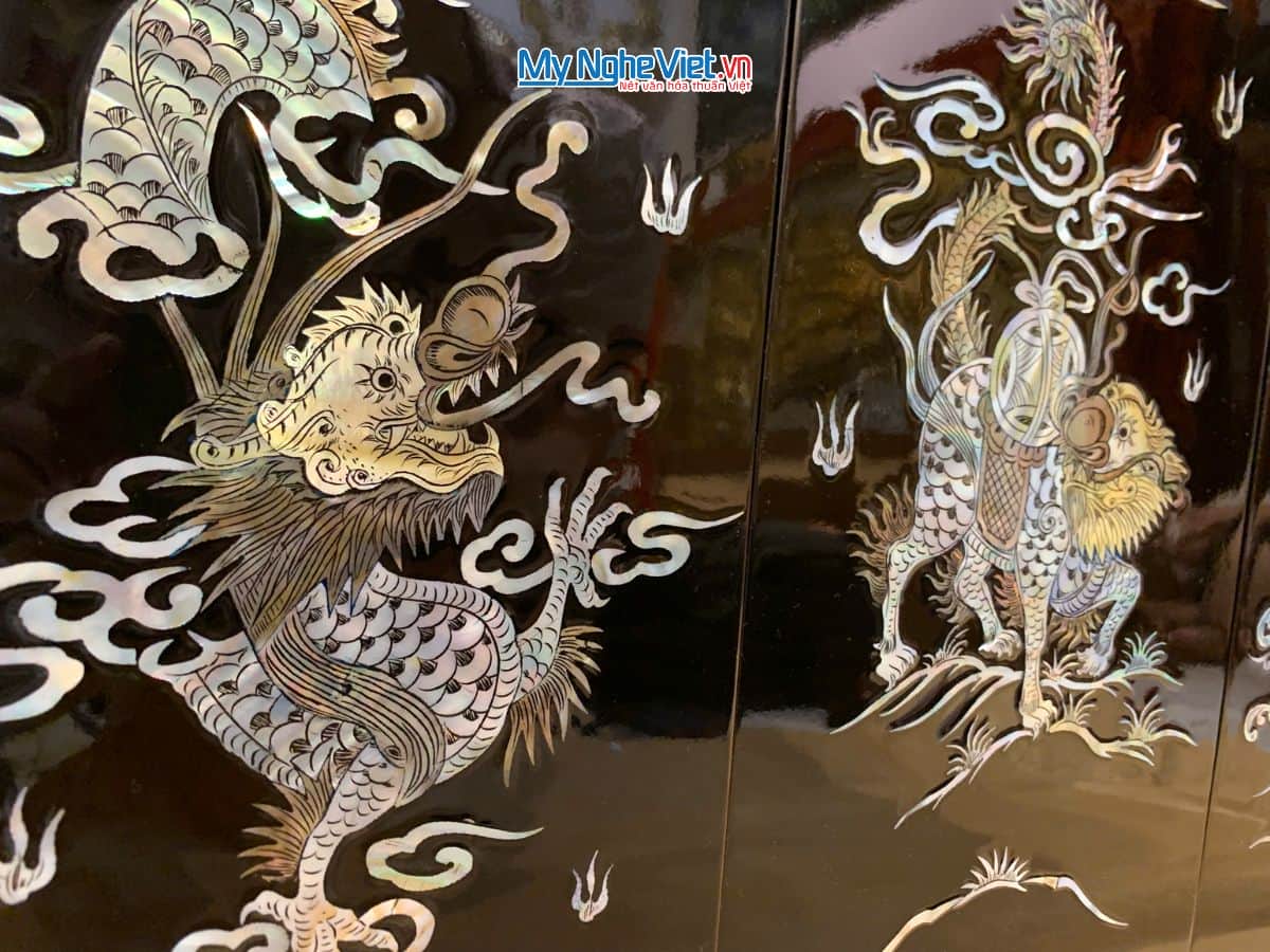 Bộ Tranh Sơn Mài Long Lân Quy Phụng Cẩn Chìm Nền Đen TSM2050-2