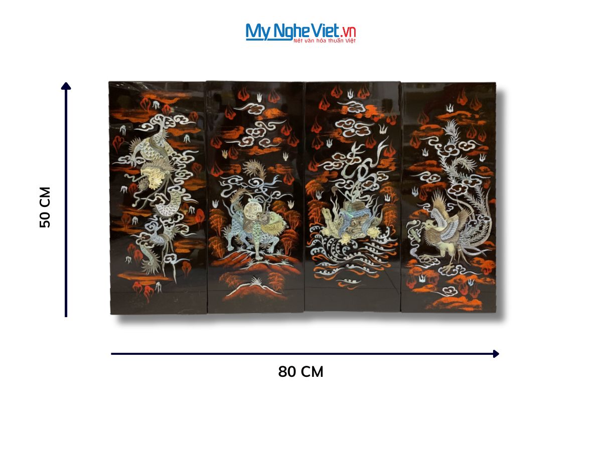 Bộ Tranh Sơn Mài Long Lân Quy Phụng Cẩn Chìm Nền Ấm TSM2050-1