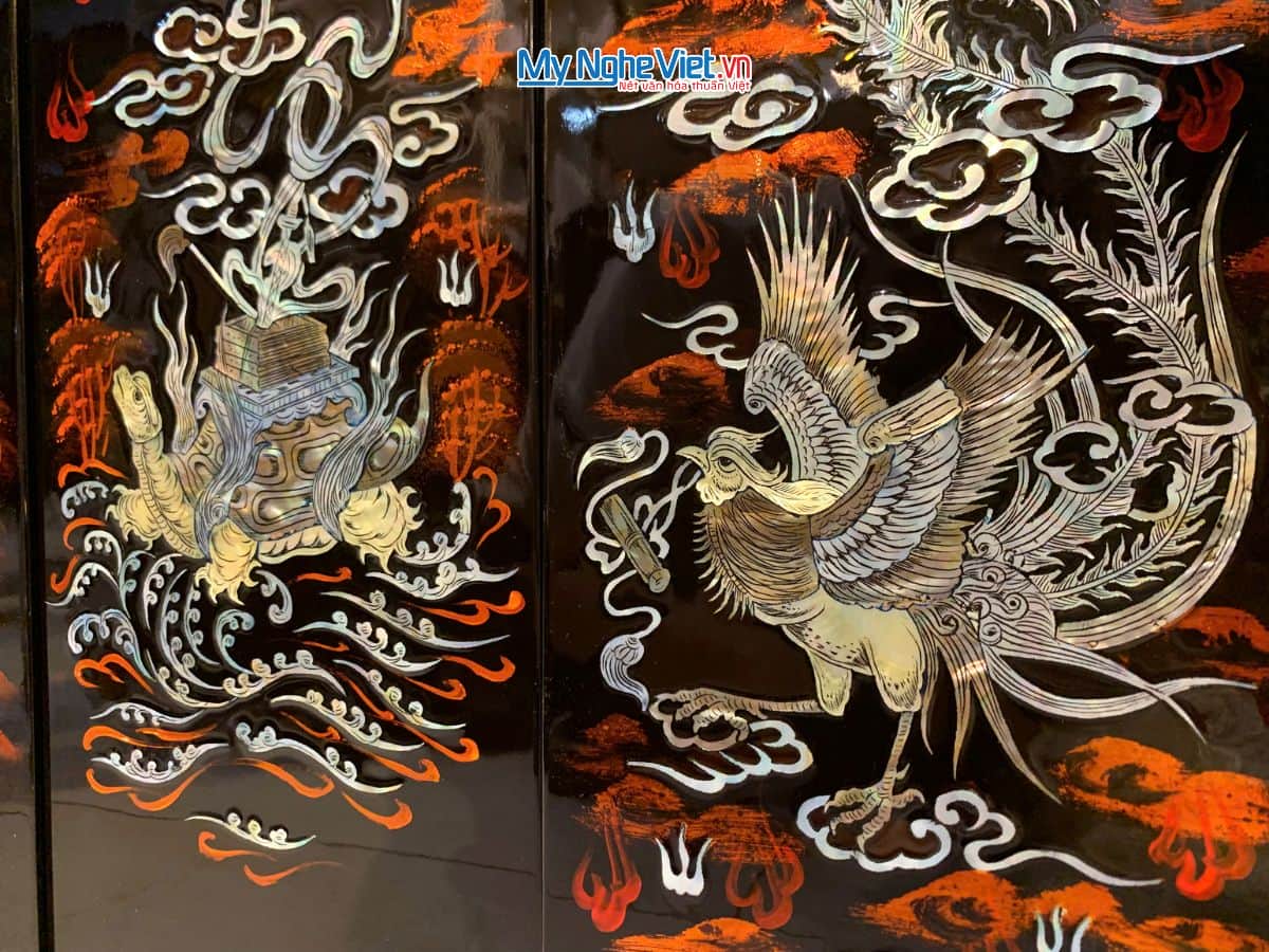 Bộ Tranh Sơn Mài Long Lân Quy Phụng Cẩn Chìm Nền Ấm TSM2050-1