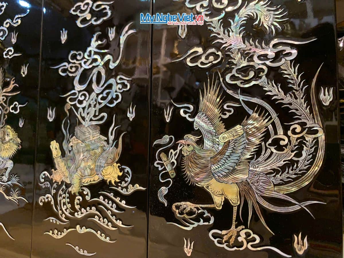 Bộ Tranh Sơn Mài Long Lân Quy Phụng Cẩn Chìm Nền Đen TSM2050-2