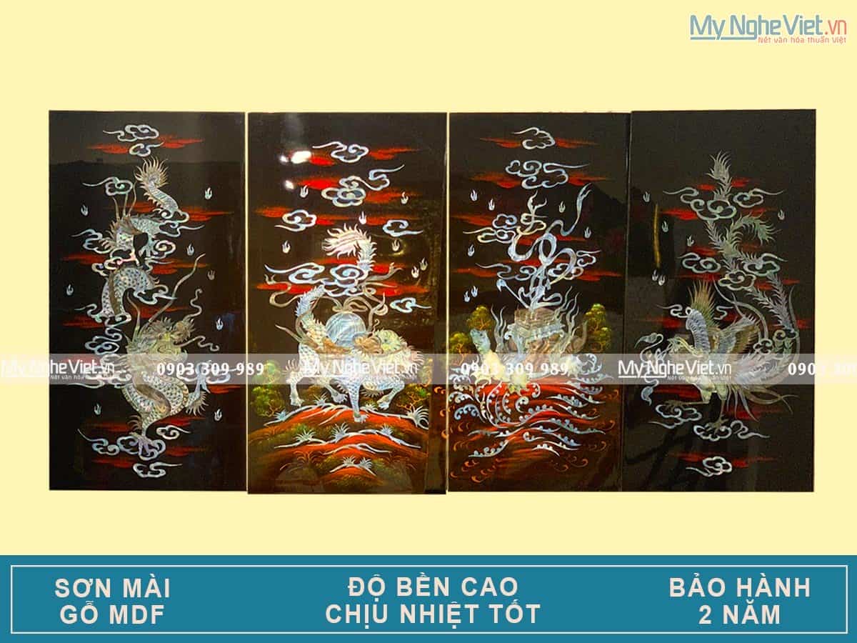 Bộ Tranh sơn mài Long Lân Quy Phụng cẩn ốc chìm TSM367-11
