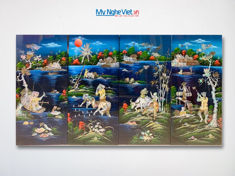 Bộ tranh sơn mài ngư tiều canh mục cẩn chìm nền xanh 30x60cm TSM364-5