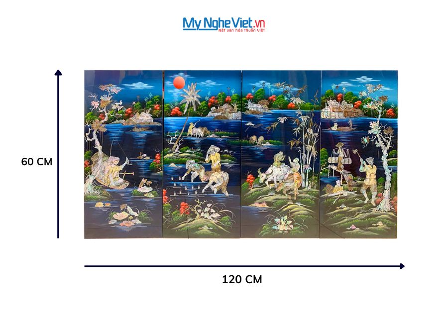 Bộ tranh sơn mài ngư tiều canh mục cẩn chìm nền xanh 30x60cm TSM364-5