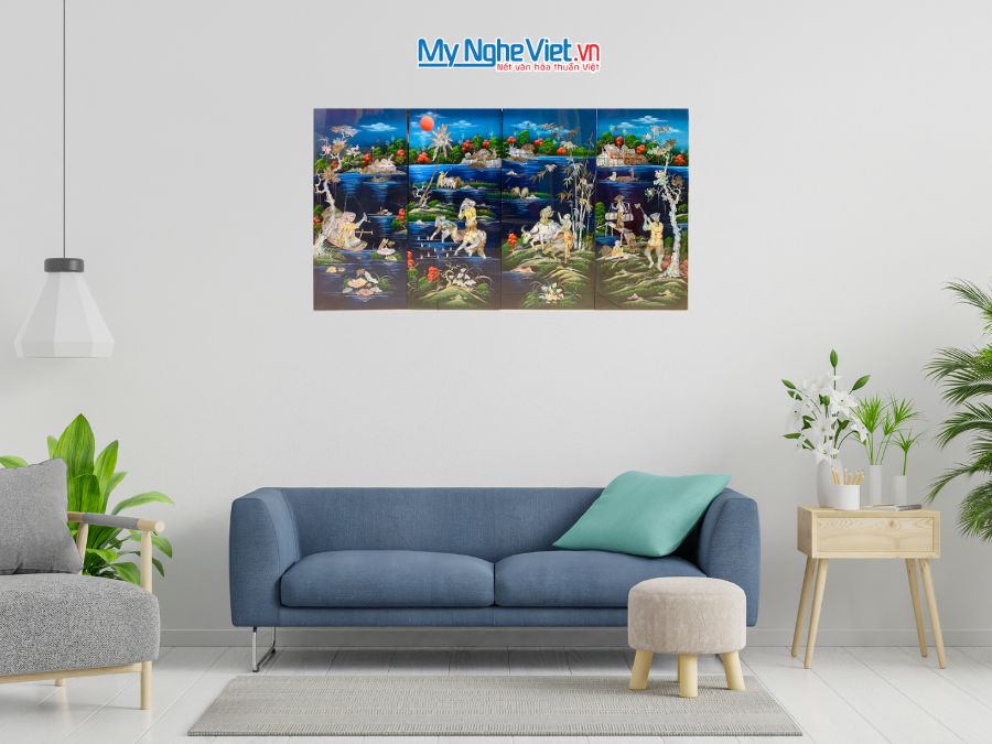 Bộ tranh sơn mài ngư tiều canh mục cẩn chìm nền xanh 30x60cm TSM364-5