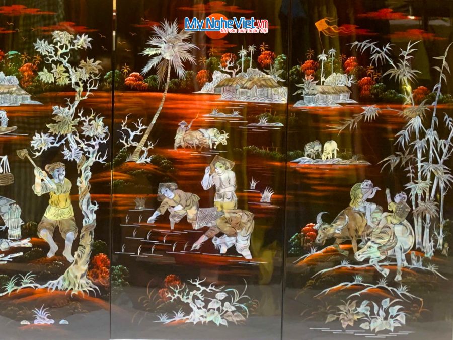 Bộ Tranh Sơn Mài Ngư Tiều Canh Mục Cẩn Chìm 30x60 MNV-TSM364-2