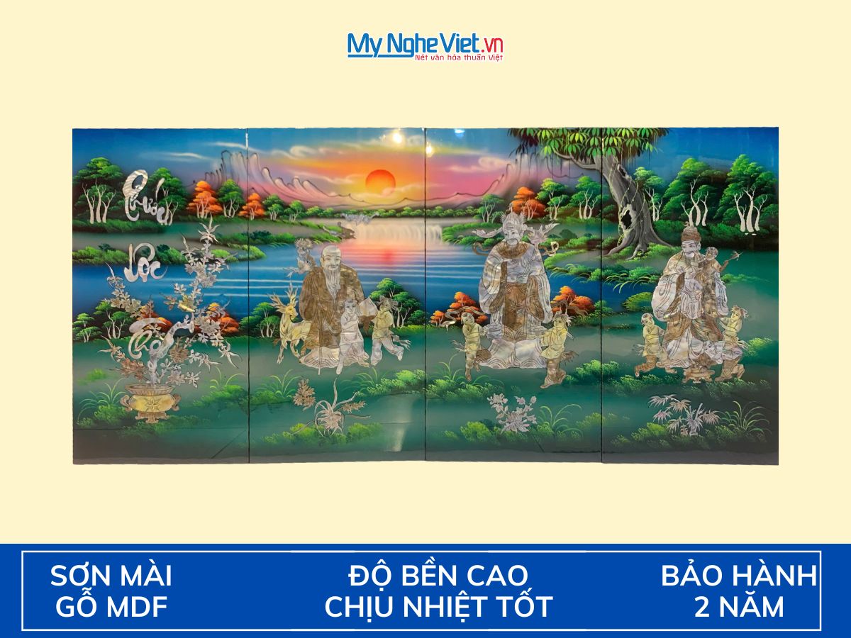 Bộ tranh sơn mài Phúc - Lộc - Thọ cẩn nổi nền xanh TSM36/1