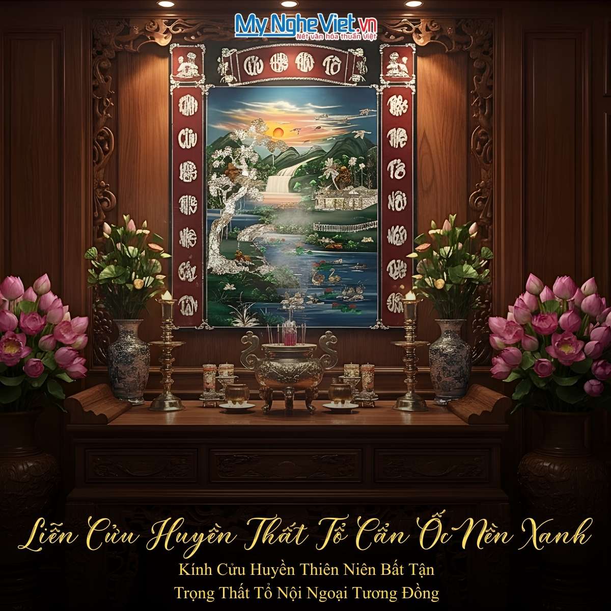 Liễn sơn mài cẩn ốc nền xanh ngang SMA195/1416